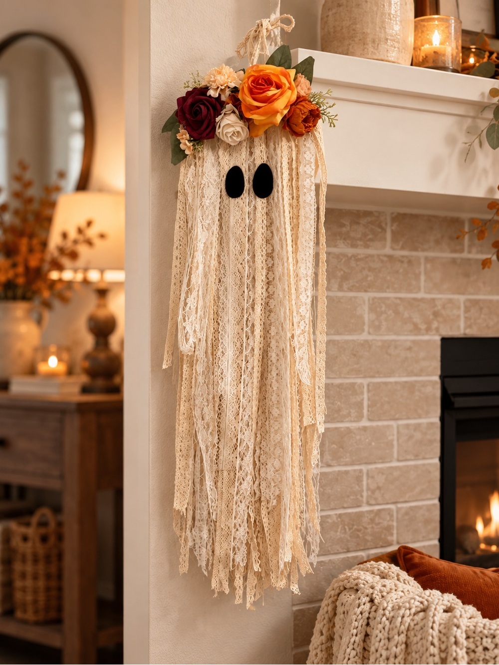 Cream Lace Floral Ghost Wall Hanging - Decorative Home Accent - Halloween Decor